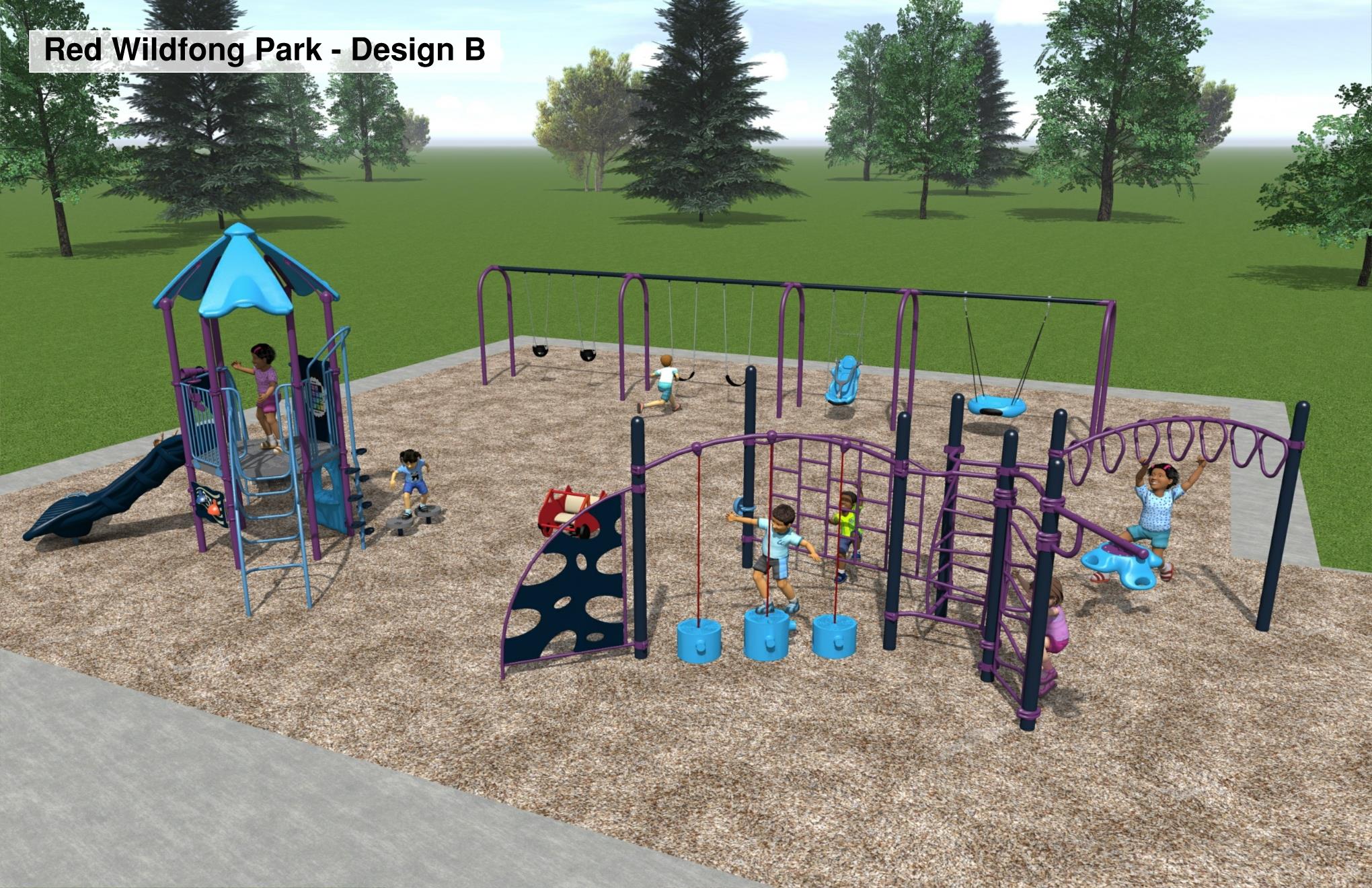 A rendering of the new play equipment at Red Wildfong Park.