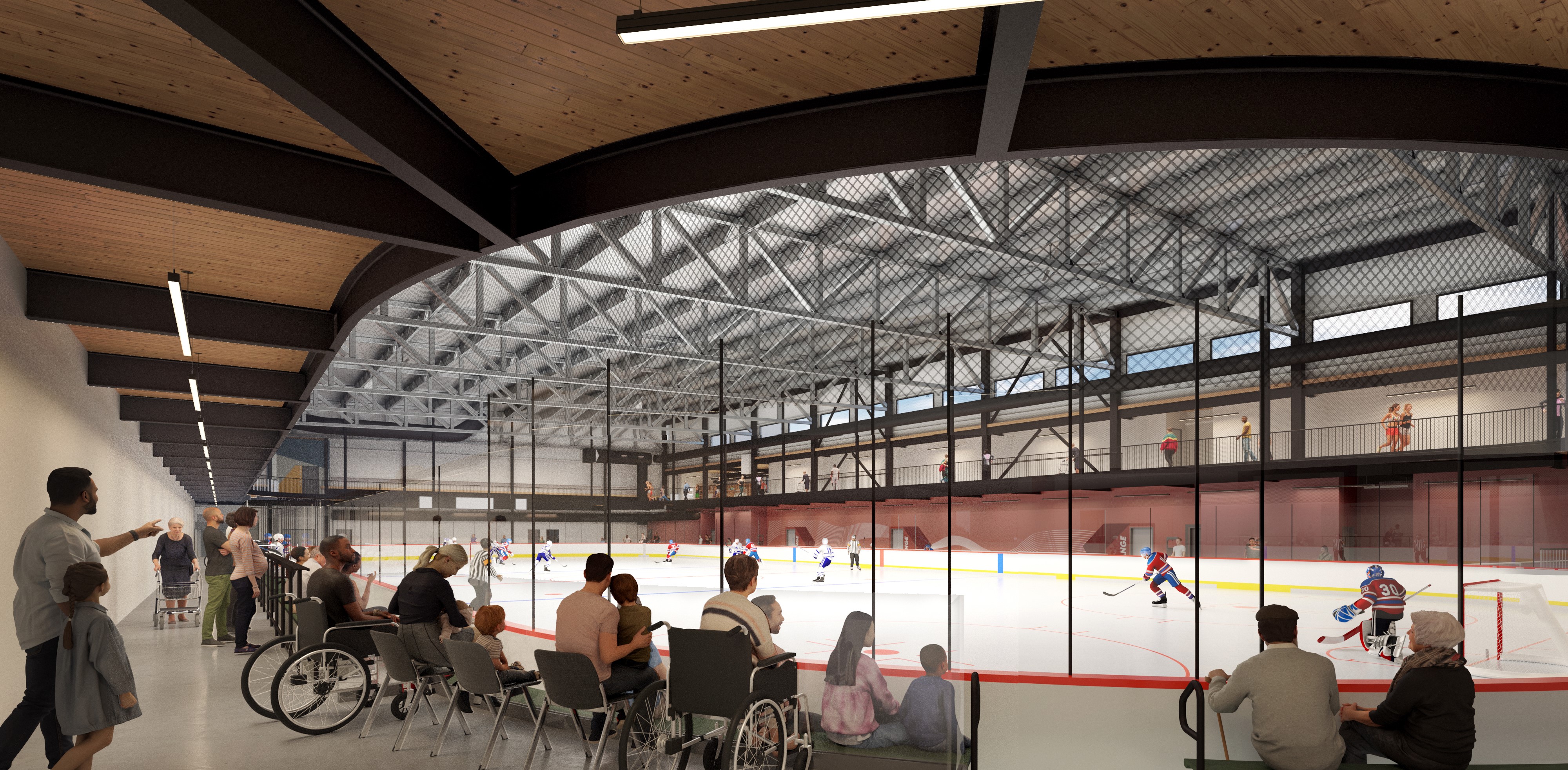 A rendering of a community centre with an ice pad. 