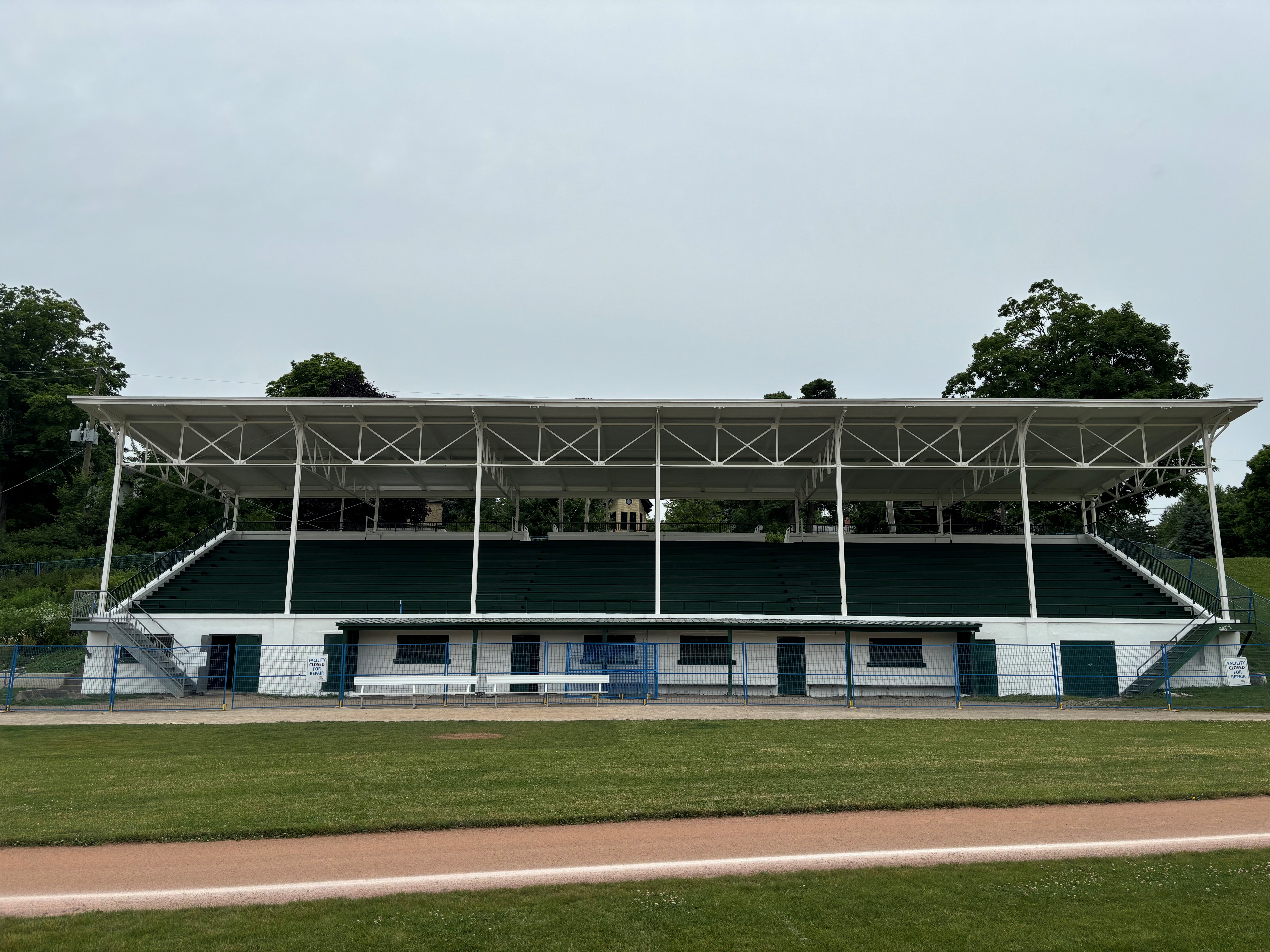 The rehabilitated grandstand at Dickson Stadium in Galt, Ontario. 