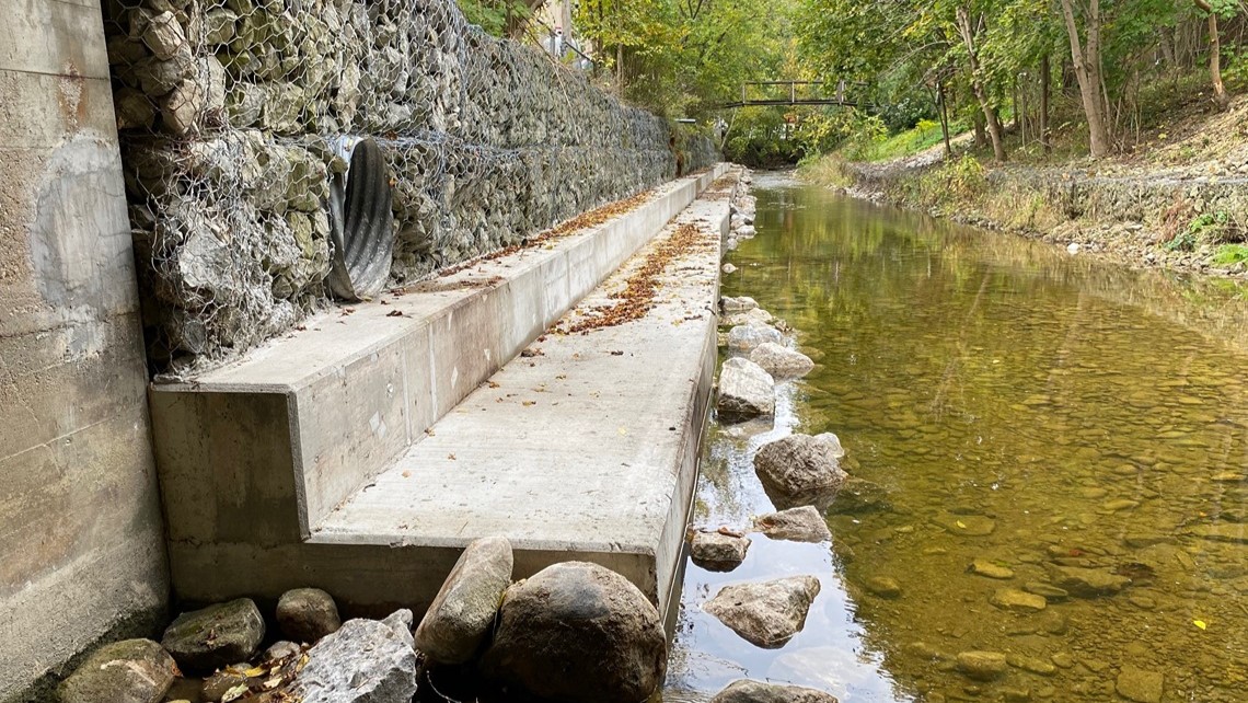 The rehabilitated culvert, flowing into a stream