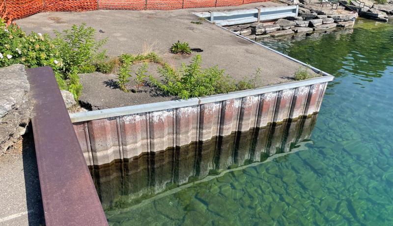 A seawall showing signs of erosion