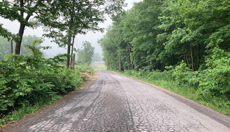 A photo of Junetown Road prior to rehabilitation. The road is shown in poor condition. 